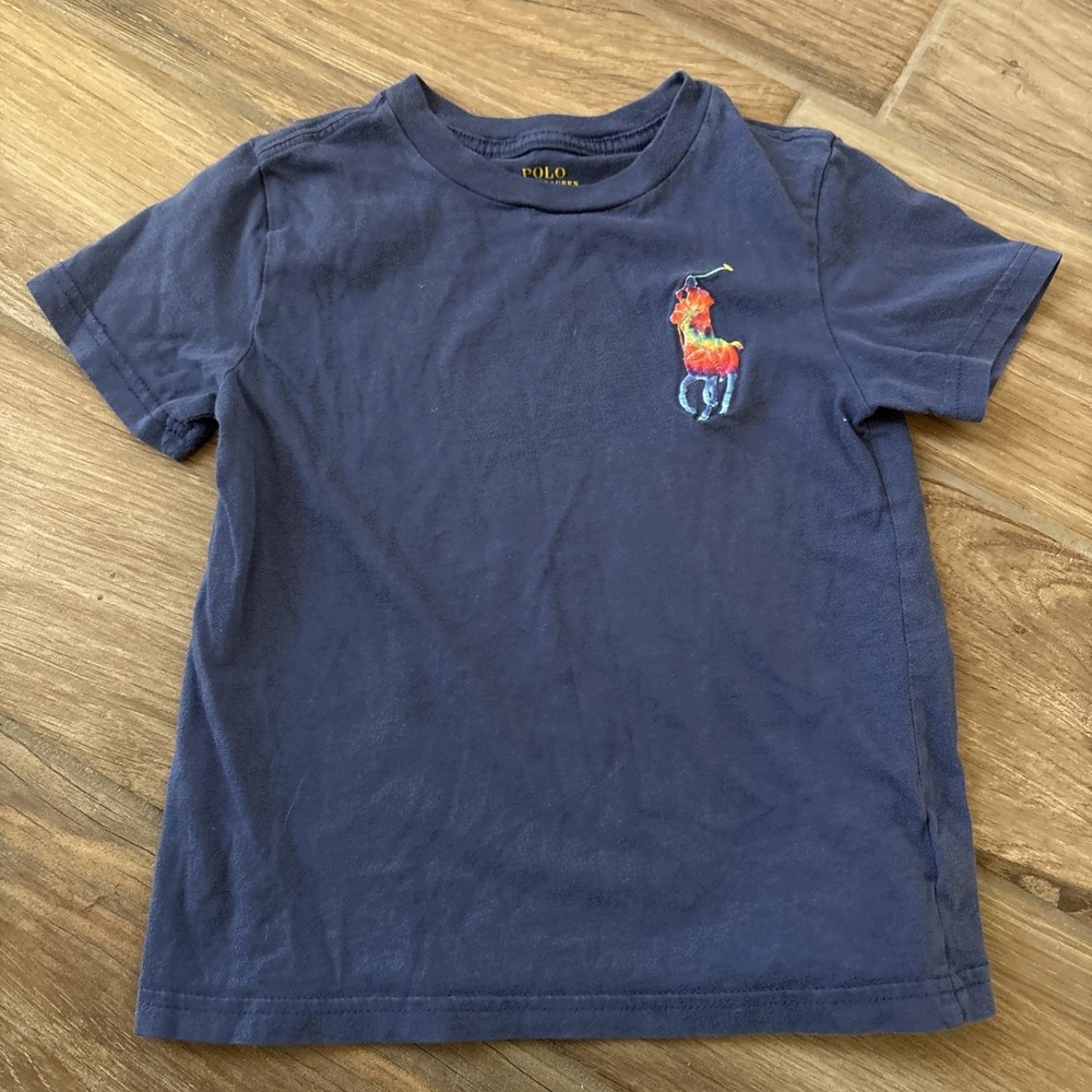 Polo Ralph Lauren Boys Embroidered Logo Navy Rainbow Short Sleeve TShirt Size 5